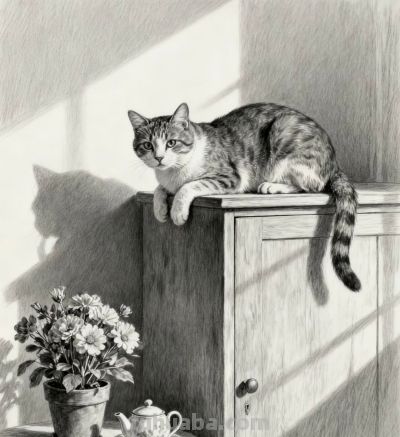 素描画，猫咪在窗边好奇地看着花 - 图画吧TUHUABA