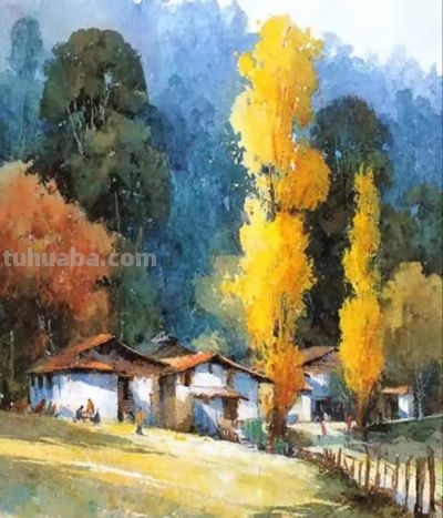 秋染山村 风里都是温柔的旧时光丨xiexie秋日水彩画分享 - 图画吧TUHUABA
