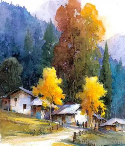 秋染山村 风里都是温柔的旧时光丨xiexie秋日水彩画分享 - 图画吧TUHUABA