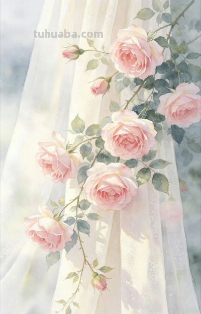 月季水彩画｜柔纱漫窗，玫瑰温柔。 ​​​ - 图画吧TUHUABA