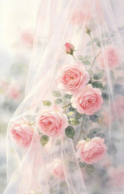 月季水彩画｜柔纱漫窗，玫瑰温柔。 ​​​ - 图画吧TUHUABA