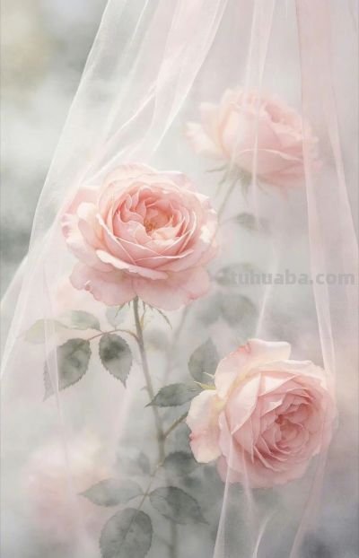 月季水彩画｜柔纱漫窗，玫瑰温柔。 ​​​ - 图画吧TUHUABA