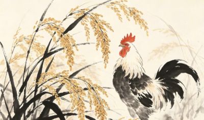 雄鸡唱晓 金穗摇风 岁稔年丰万事吉丨小画拾光公鸡国画素材分享 - 图画吧TUHUABA