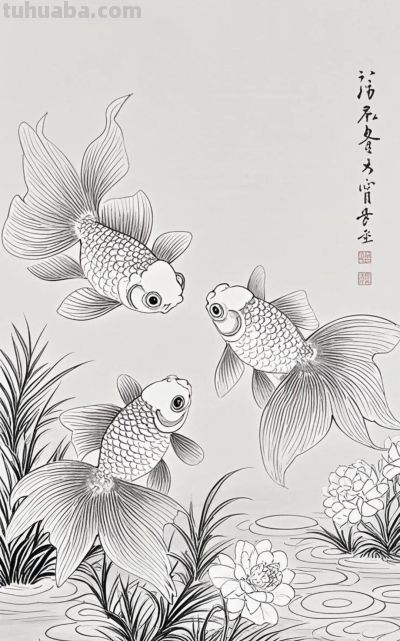 一组金鱼绘画素材（含高清线稿图），寓意年年有余，金鱼满堂！ - 图画吧TUHUABA