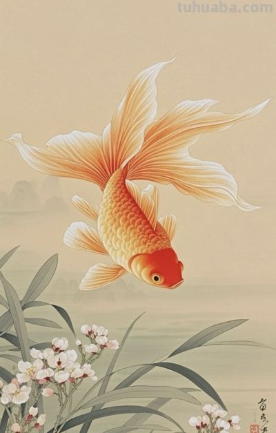 一组金鱼绘画素材（含高清线稿图），寓意年年有余，金鱼满堂！ - 图画吧TUHUABA