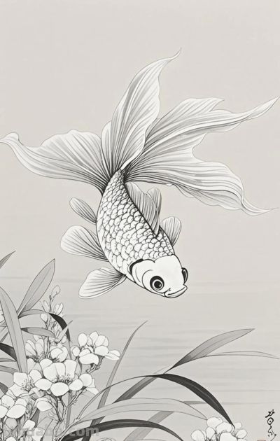 一组金鱼绘画素材（含高清线稿图），寓意年年有余，金鱼满堂！ - 图画吧TUHUABA