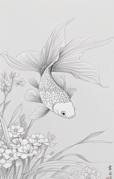 一组金鱼绘画素材（含高清线稿图），寓意年年有余，金鱼满堂！ - 图画吧TUHUABA