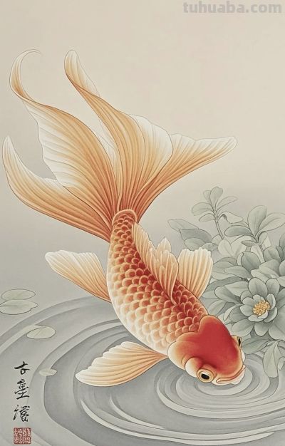 一组金鱼绘画素材（含高清线稿图），寓意年年有余，金鱼满堂！ - 图画吧TUHUABA