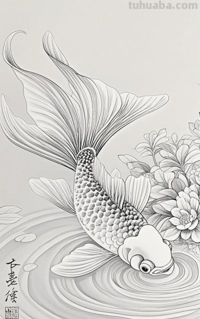 一组金鱼绘画素材（含高清线稿图），寓意年年有余，金鱼满堂！ - 图画吧TUHUABA