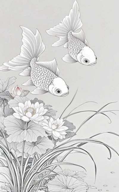 一组金鱼绘画素材（含高清线稿图），寓意年年有余，金鱼满堂！ - 图画吧TUHUABA