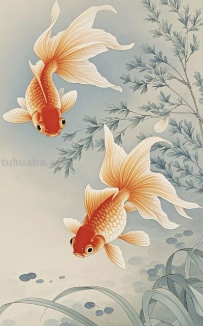 一组金鱼绘画素材（含高清线稿图），寓意年年有余，金鱼满堂！ - 图画吧TUHUABA