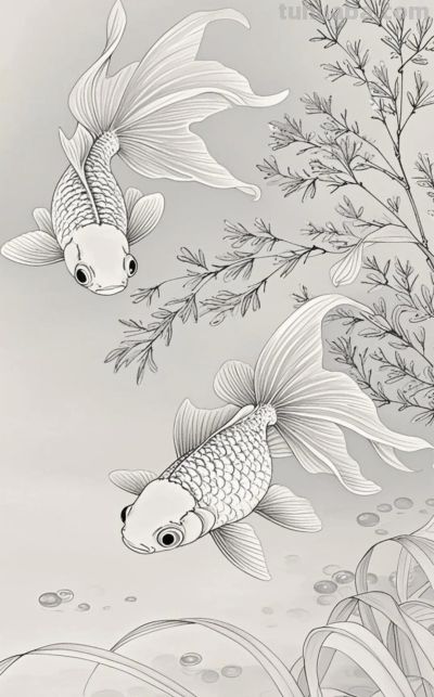 一组金鱼绘画素材（含高清线稿图），寓意年年有余，金鱼满堂！ - 图画吧TUHUABA