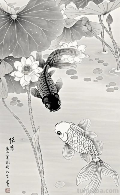 一组金鱼绘画素材（含高清线稿图），寓意年年有余，金鱼满堂！ - 图画吧TUHUABA