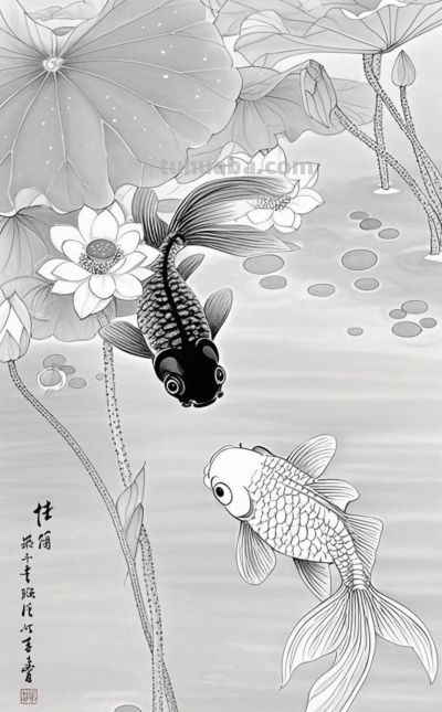 一组金鱼绘画素材（含高清线稿图），寓意年年有余，金鱼满堂！ - 图画吧TUHUABA
