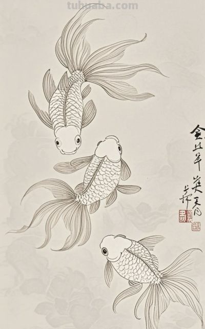 一组金鱼绘画素材（含高清线稿图），寓意年年有余，金鱼满堂！ - 图画吧TUHUABA