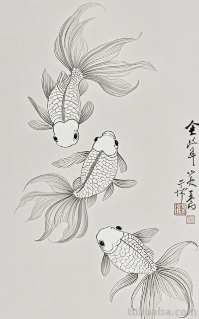 一组金鱼绘画素材（含高清线稿图），寓意年年有余，金鱼满堂！ - 图画吧TUHUABA