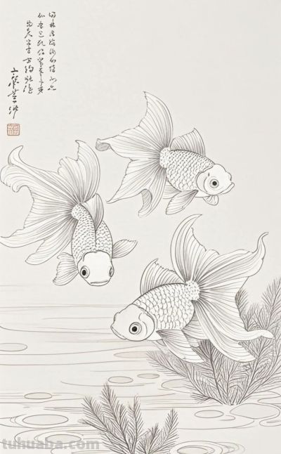一组金鱼绘画素材（含高清线稿图），寓意年年有余，金鱼满堂！ - 图画吧TUHUABA
