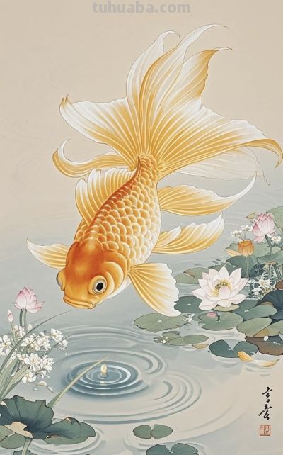 一组金鱼绘画素材（含高清线稿图），寓意年年有余，金鱼满堂！ - 图画吧TUHUABA