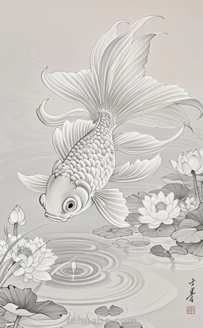 一组金鱼绘画素材（含高清线稿图），寓意年年有余，金鱼满堂！ - 图画吧TUHUABA