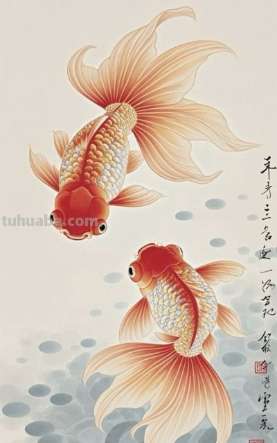 一组金鱼绘画素材（含高清线稿图），寓意年年有余，金鱼满堂！ - 图画吧TUHUABA