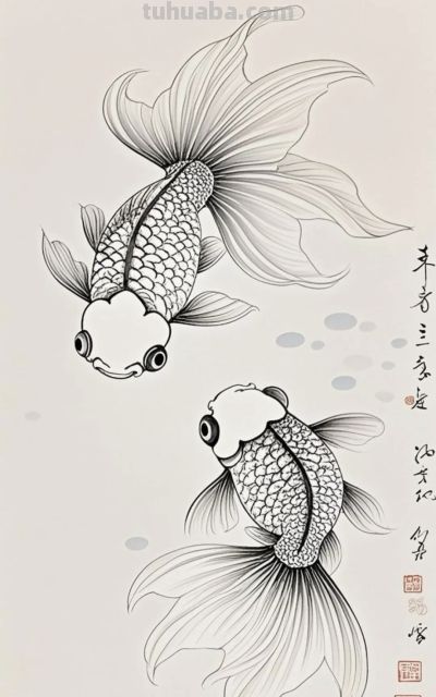 一组金鱼绘画素材（含高清线稿图），寓意年年有余，金鱼满堂！ - 图画吧TUHUABA
