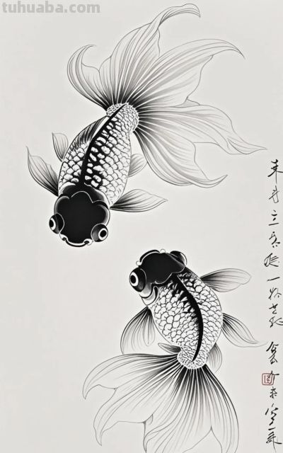 一组金鱼绘画素材（含高清线稿图），寓意年年有余，金鱼满堂！ - 图画吧TUHUABA