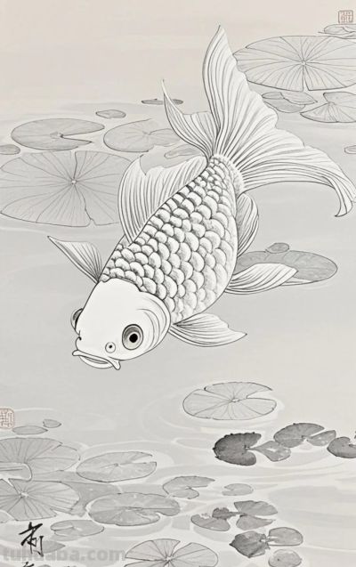 一组金鱼绘画素材（含高清线稿图），寓意年年有余，金鱼满堂！ - 图画吧TUHUABA