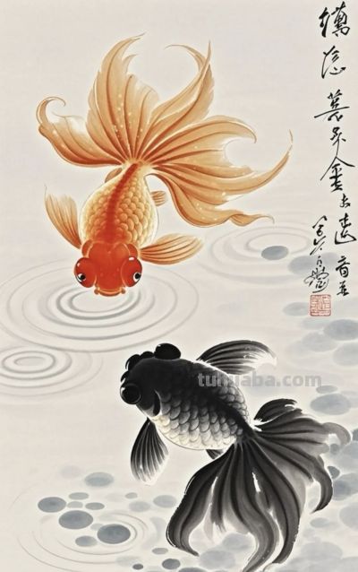 一组金鱼绘画素材（含高清线稿图），寓意年年有余，金鱼满堂！ - 图画吧TUHUABA
