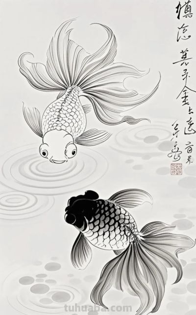 一组金鱼绘画素材（含高清线稿图），寓意年年有余，金鱼满堂！ - 图画吧TUHUABA