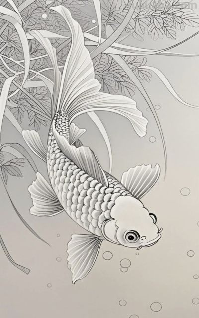 一组金鱼绘画素材（含高清线稿图），寓意年年有余，金鱼满堂！ - 图画吧TUHUABA