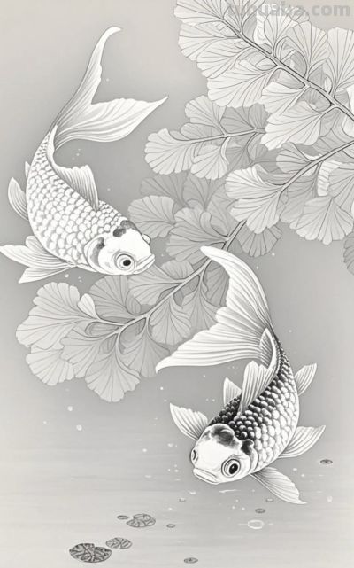 一组金鱼绘画素材（含高清线稿图），寓意年年有余，金鱼满堂！ - 图画吧TUHUABA