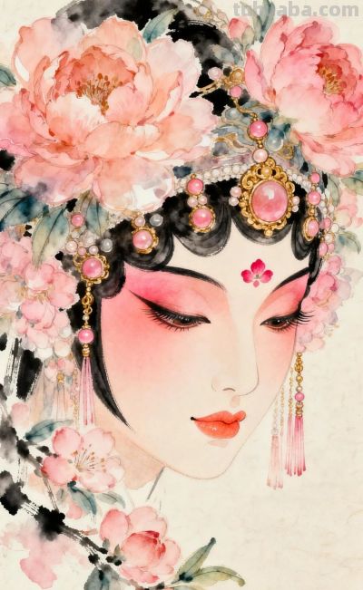 桃胭半面·花钿低垂，绝美的纯桃色系国风水彩 - 图画吧TUHUABA
