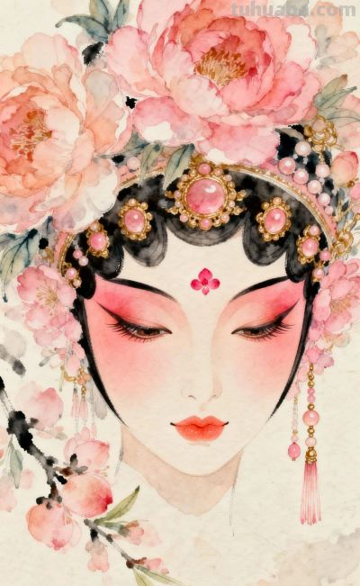 桃胭半面·花钿低垂，绝美的纯桃色系国风水彩 - 图画吧TUHUABA