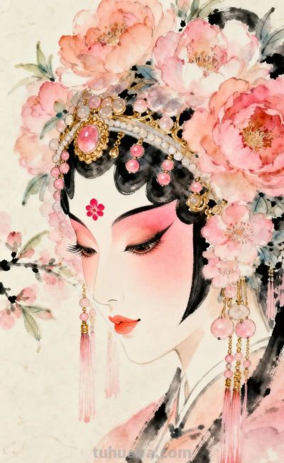 桃胭半面·花钿低垂，绝美的纯桃色系国风水彩 - 图画吧TUHUABA