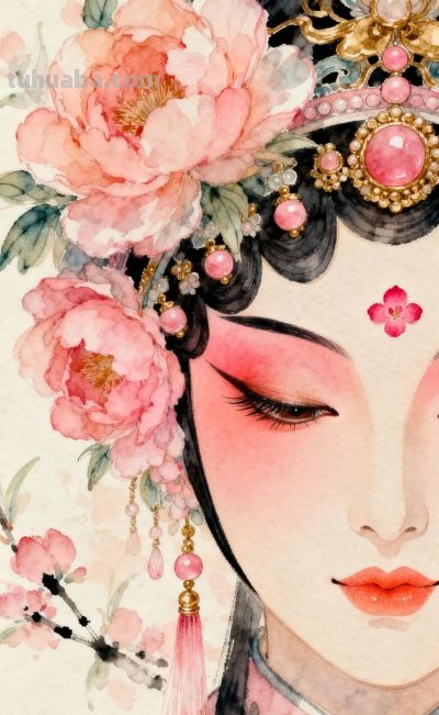桃胭半面·花钿低垂，绝美的纯桃色系国风水彩 - 图画吧TUHUABA
