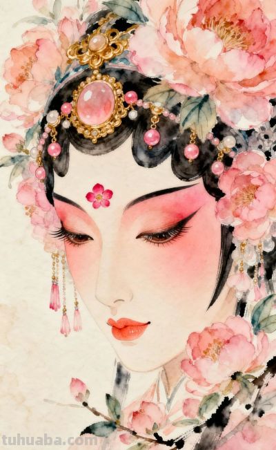 桃胭半面·花钿低垂，绝美的纯桃色系国风水彩 - 图画吧TUHUABA