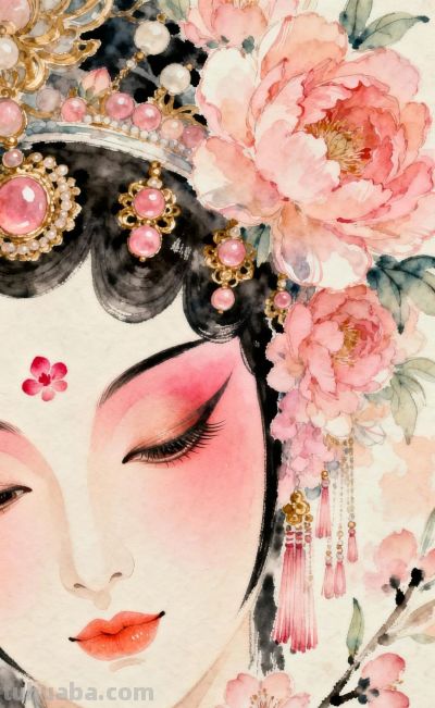 桃胭半面·花钿低垂，绝美的纯桃色系国风水彩 - 图画吧TUHUABA
