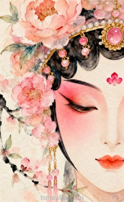 桃胭半面·花钿低垂，绝美的纯桃色系国风水彩 - 图画吧TUHUABA