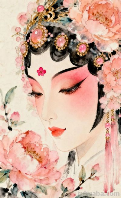 桃胭半面·花钿低垂，绝美的纯桃色系国风水彩 - 图画吧TUHUABA