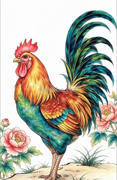雄鸡唱晓 牡丹盛放 花开富贵吉祥丨战绩可查雄鸡线稿图分享 - 图画吧TUHUABA