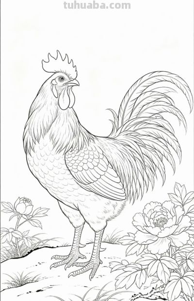 雄鸡唱晓 牡丹盛放 花开富贵吉祥丨战绩可查雄鸡线稿图分享 - 图画吧TUHUABA