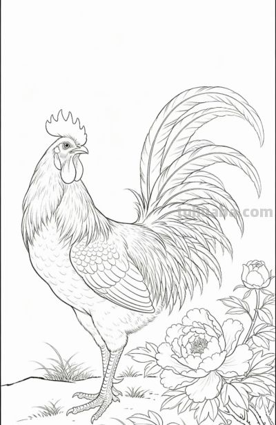 雄鸡唱晓 牡丹盛放 花开富贵吉祥丨战绩可查雄鸡线稿图分享 - 图画吧TUHUABA