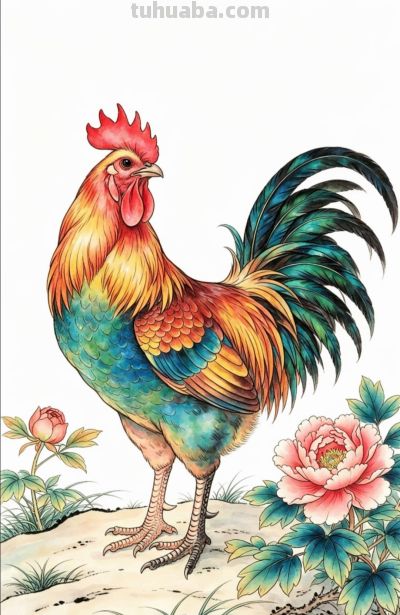 雄鸡唱晓 牡丹盛放 花开富贵吉祥丨战绩可查雄鸡线稿图分享 - 图画吧TUHUABA