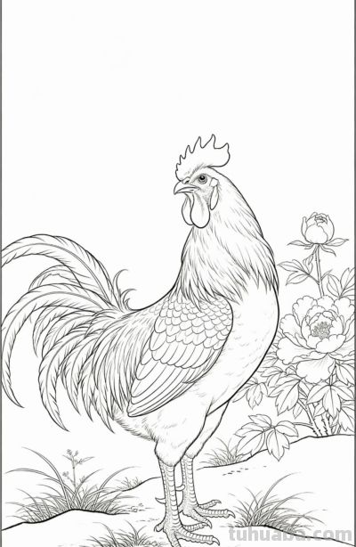 雄鸡唱晓 牡丹盛放 花开富贵吉祥丨战绩可查雄鸡线稿图分享 - 图画吧TUHUABA