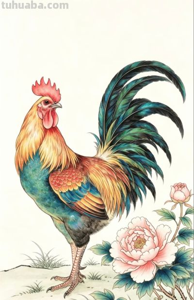 雄鸡唱晓 牡丹盛放 花开富贵吉祥丨战绩可查雄鸡线稿图分享 - 图画吧TUHUABA