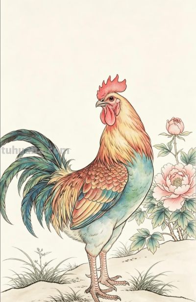 雄鸡唱晓 牡丹盛放 花开富贵吉祥丨战绩可查雄鸡线稿图分享 - 图画吧TUHUABA