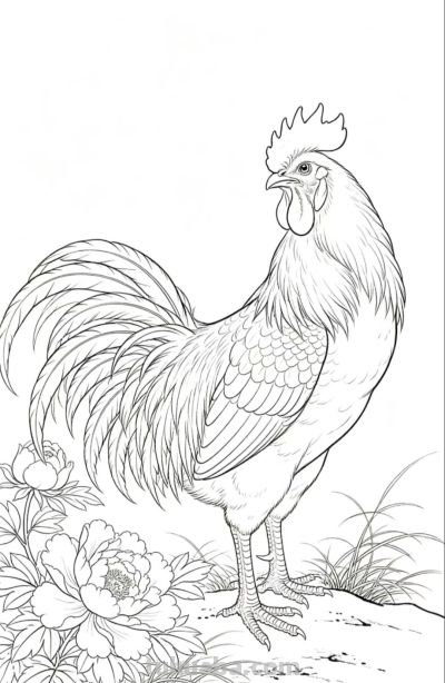 雄鸡唱晓 牡丹盛放 花开富贵吉祥丨战绩可查雄鸡线稿图分享 - 图画吧TUHUABA