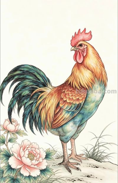 雄鸡唱晓 牡丹盛放 花开富贵吉祥丨战绩可查雄鸡线稿图分享 - 图画吧TUHUABA