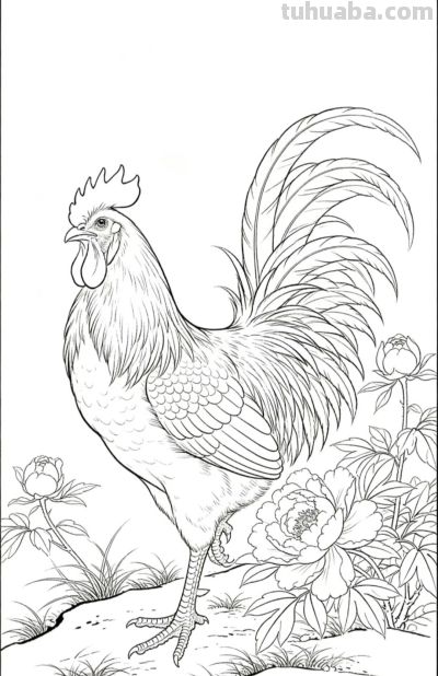 雄鸡唱晓 牡丹盛放 花开富贵吉祥丨战绩可查雄鸡线稿图分享 - 图画吧TUHUABA
