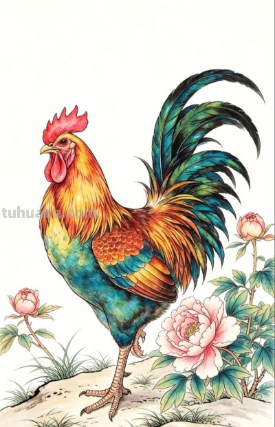 雄鸡唱晓 牡丹盛放 花开富贵吉祥丨战绩可查雄鸡线稿图分享 - 图画吧TUHUABA
